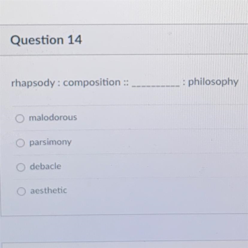 Rhapsody: composition ::___:philosophy A malodorous B parsimony C debacle D aesthetic-example-1