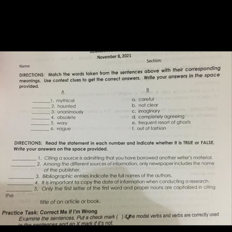 Name: Section: DIRECTIONS: Match the words taken from the sentences above with their-example-1