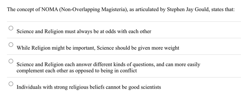 The concept of NOMA (Non-Overlapping Magisteria), as articulated by Stephen Jay Gould-example-1