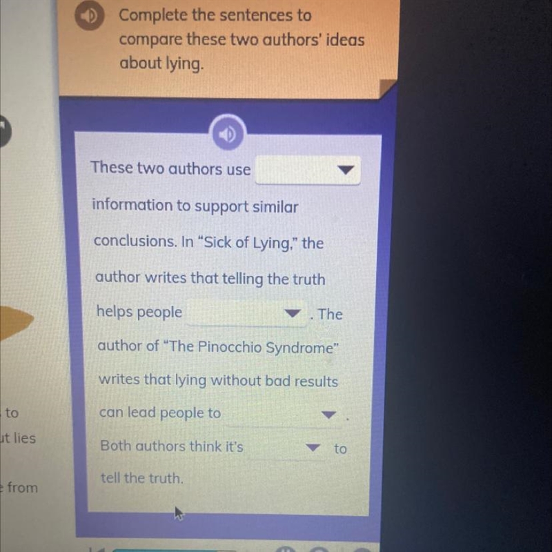 Complete the sentences to compare these two authors' ideas about lying. I NEED THIS-example-1