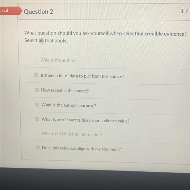 What question should you ask yourself when selecting credible evidence? Select all-example-1