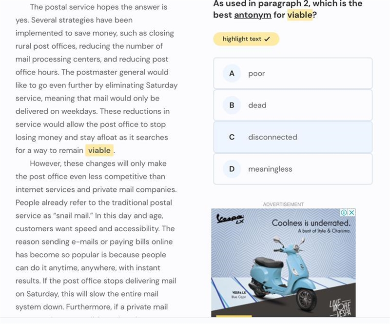 As used in paragraph 2, which is the best antonym for viable? А- poor B- dead C- disconnected-example-1