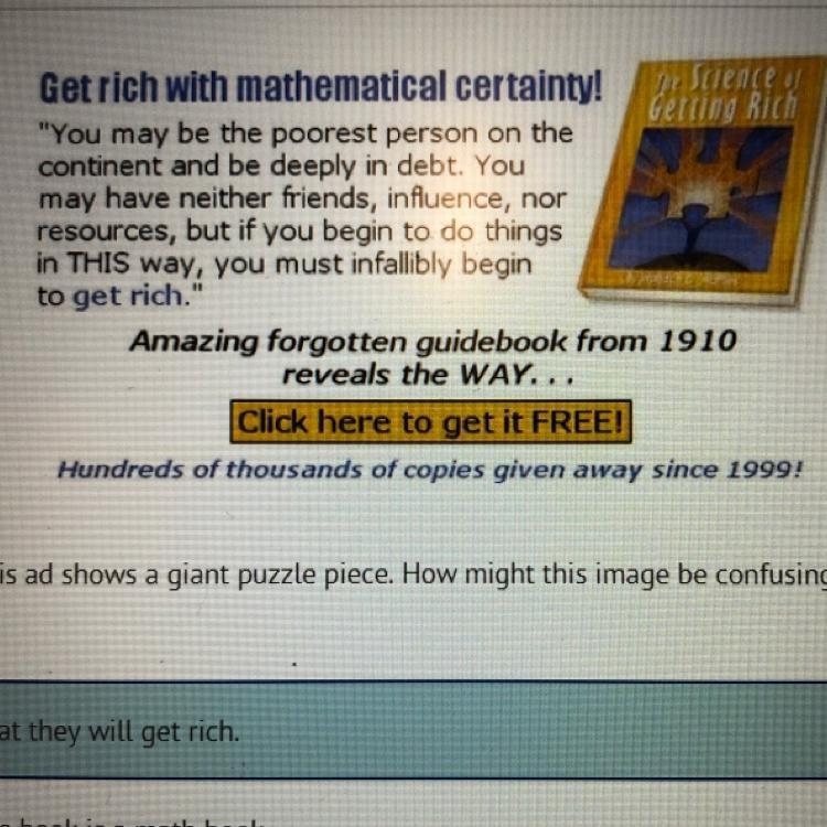 The book cover pictured in this ad shows a giant puzzle piece. How might this image-example-1