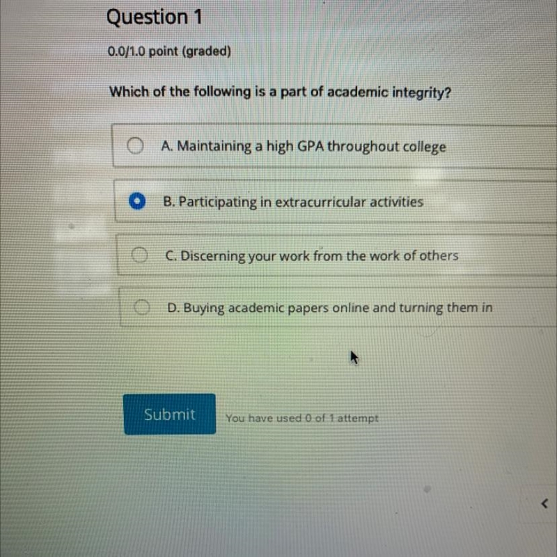 Which of the following is a part of academic integrity I want to see if I’m correct-example-1