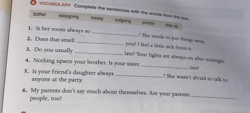 VOCABULARY Complete the sentences with the words from the box.-example-1