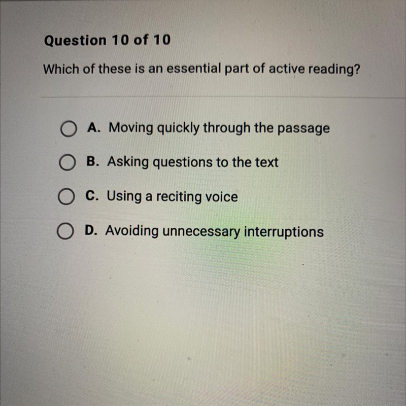 Which of these is an essential part of active reading?-example-1