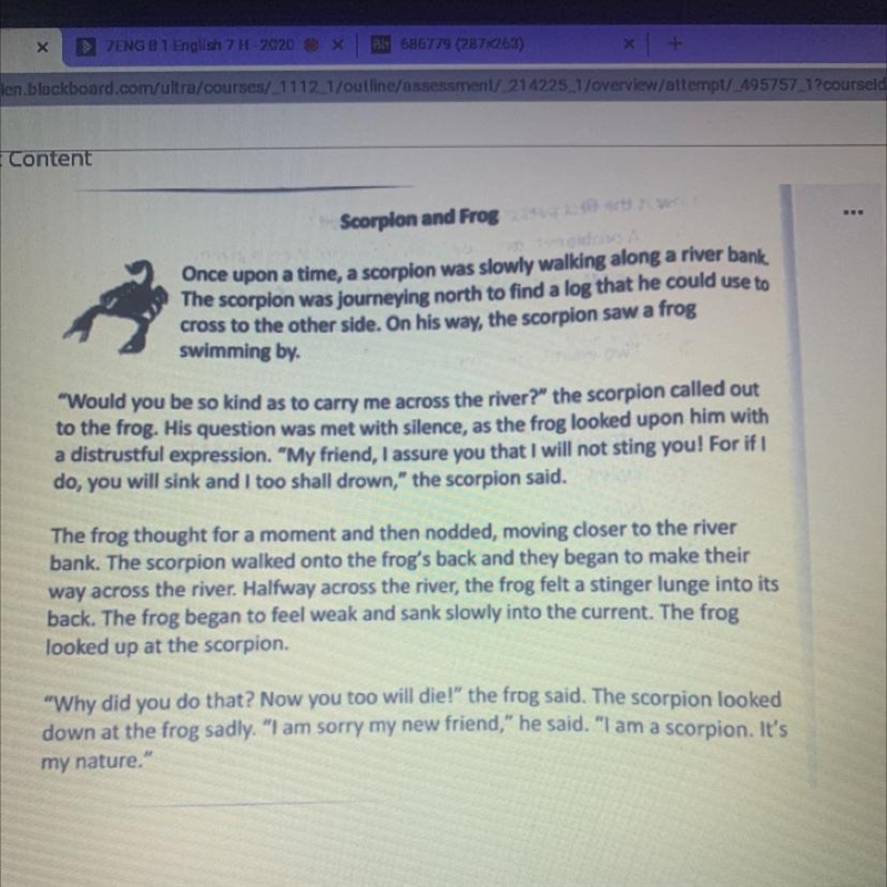 Question 2. What type of passage is “Scorpion and Frog?” A) Realistic Fiction B) Biography-example-1