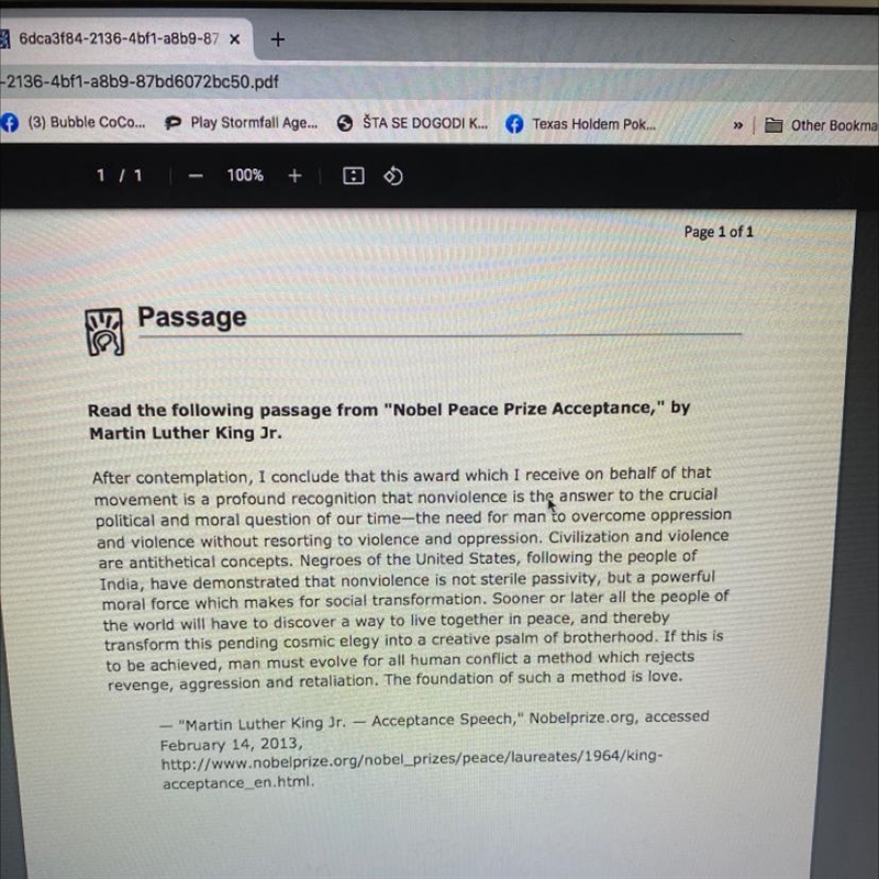 Click to read the passage from "Nobel Peace Prize Acceptance," by Martin-example-1