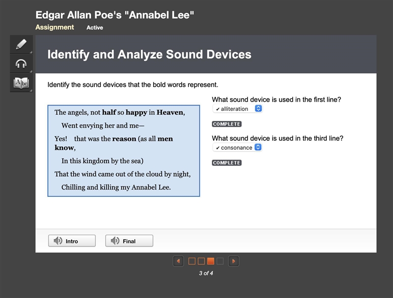 Identify the sound devices that the bold words represent. What sound device is used-example-1