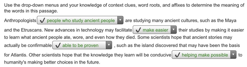 Use the drop-down menus and your knowledge of context clues, word roots, and affixes-example-1