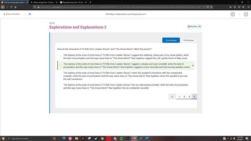 How do the structures of "It Sifts from Leaden Sieves" and "The Snow-example-1