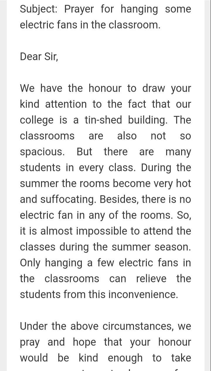 Write a application to the principal for hanging same electric fan in classroom​-example-1