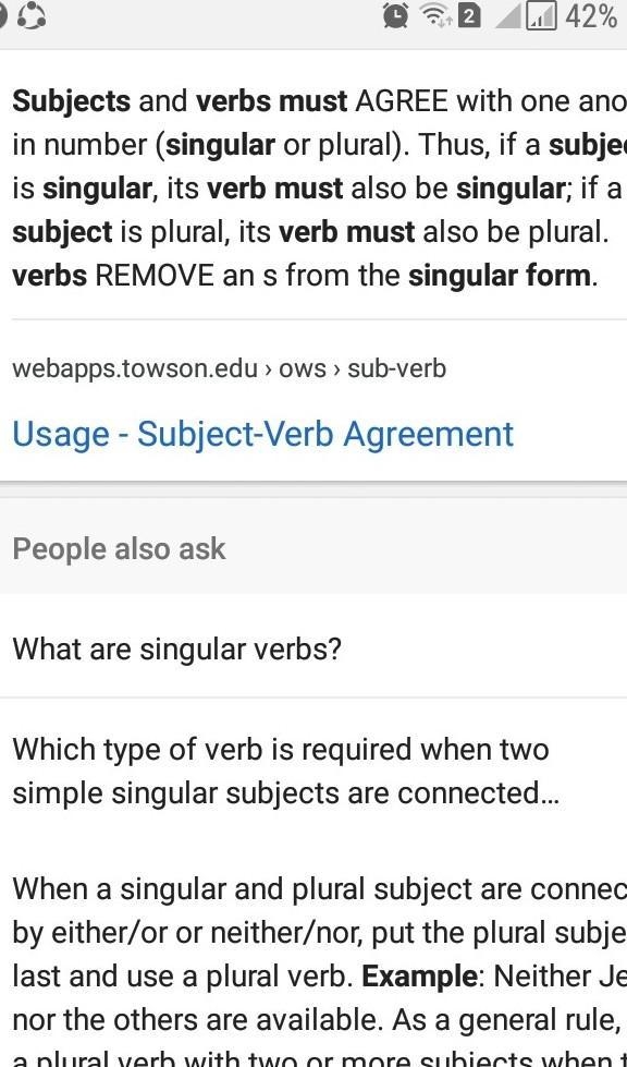 Singular subjects must have what kind of verbs.-example-1