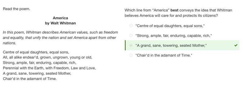 Read the poem. America by Walt Whitman In this poem, Whitman describes American values-example-1