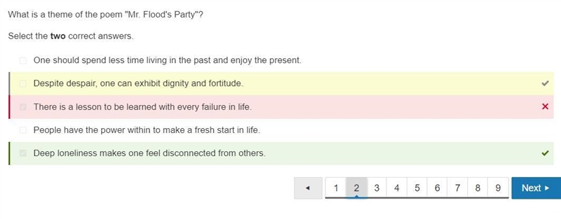 What is a theme of the poem "Mr. Flood's Party"? Select the two correct-example-1