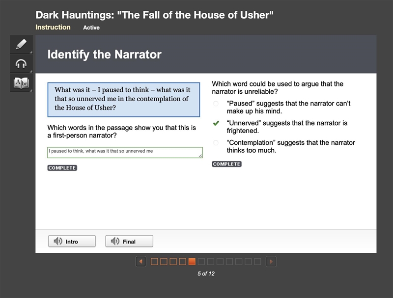 Which word could be used to argue that the narrator is unreliable? “Paused” suggests-example-1