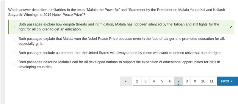 Which answer describes similarities in the texts “Malala the Powerful” and “Statement-example-1