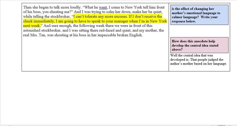 The words highlighted in YELLOW show the way the narrator translated her mother’s-example-2