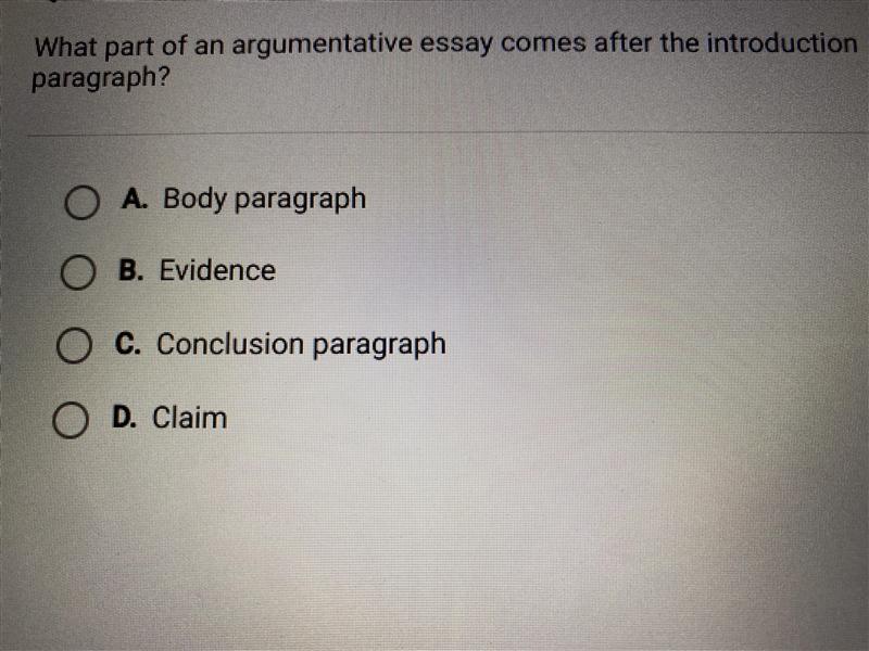 What part of an argumentative essay comes after the introduction paragraph?-example-1