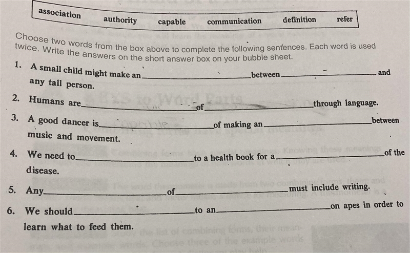 Choose two words from the box above to complete the following sentences. Each word-example-1