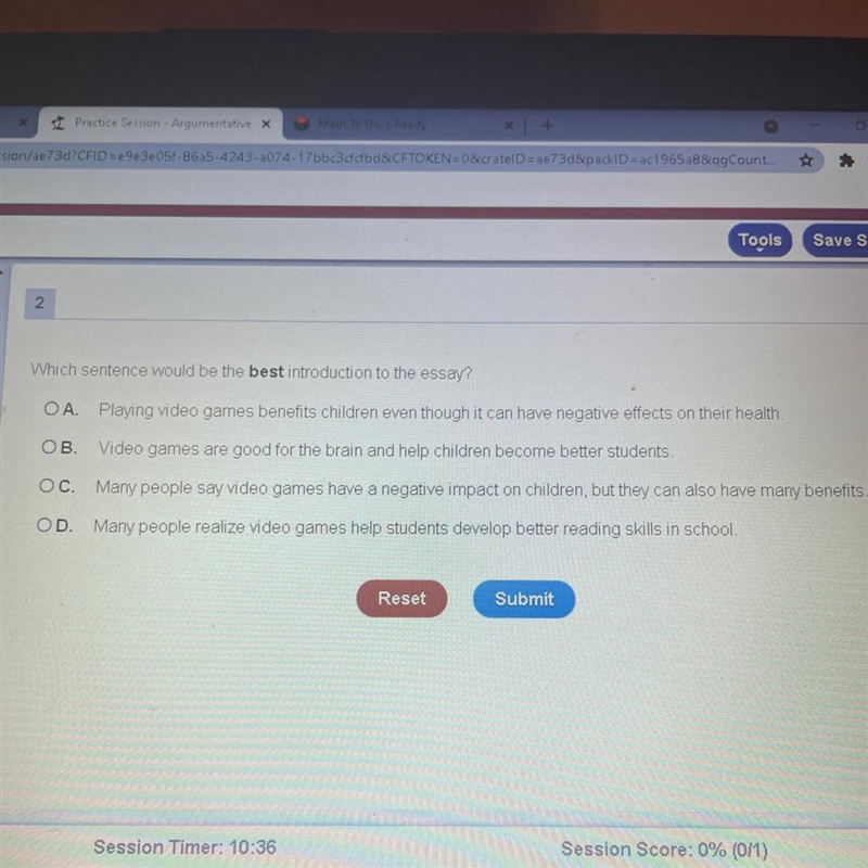 Which sentence would be the best introduction to the essay? OA. Playing video games-example-1