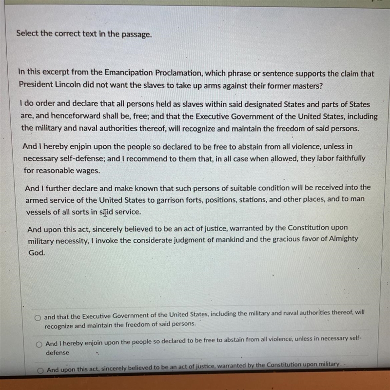 Select the correct text in the passage. In this excerpt from the Emancipation Proclamation-example-1