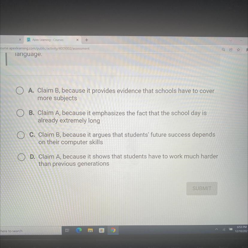 Which claim does the following piece of evidence best support? Claim A: The school-example-1