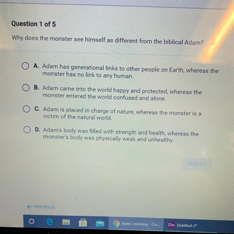 Why does the monster see himself different from the biblical adam?-example-1