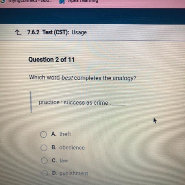 Question 2 of 11 Which word best completes the analogy? practice : success as crime-example-1