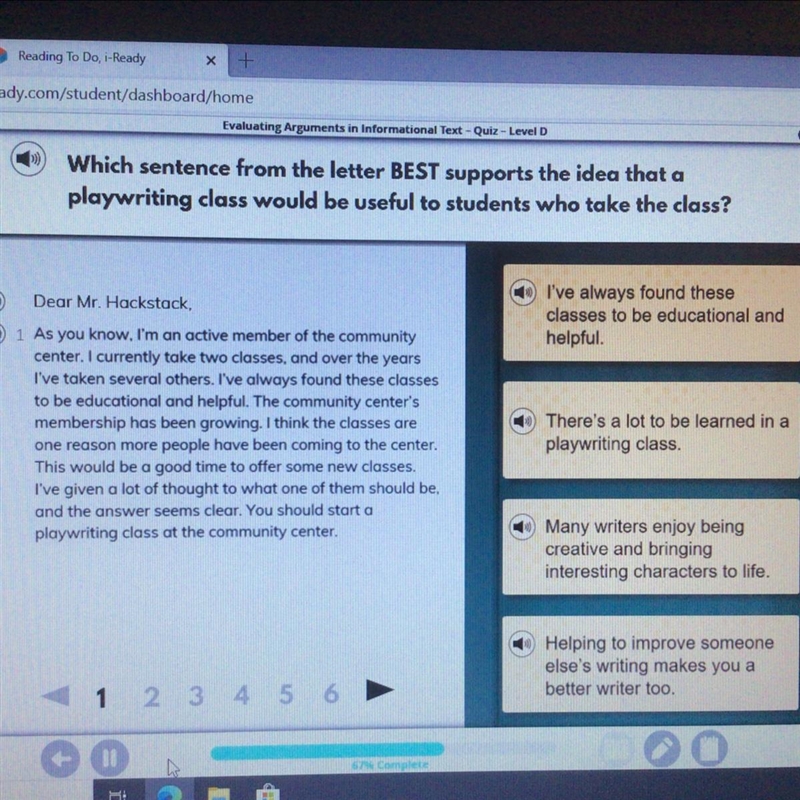 Which sentence from the letter best supports the idea that a playwriting class would-example-1