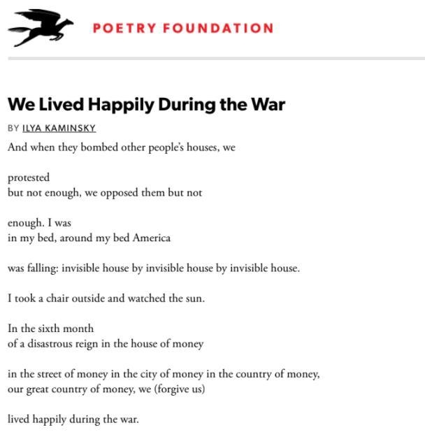 We Lived Happily During the War BY ILYA KAMINSKY And when they bombed other people-example-1