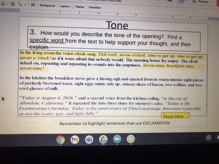 PLEASE HELP !!! How would you describe the tone of the opening? Find a specific word-example-1