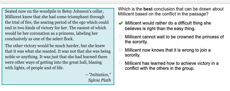 Which is the best conclusion that can be drawn about Millicent based on the conflict-example-1