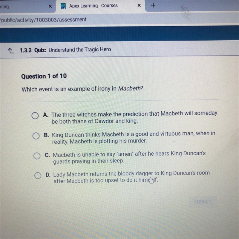 Which event is an example of irony in Macbeth-example-1