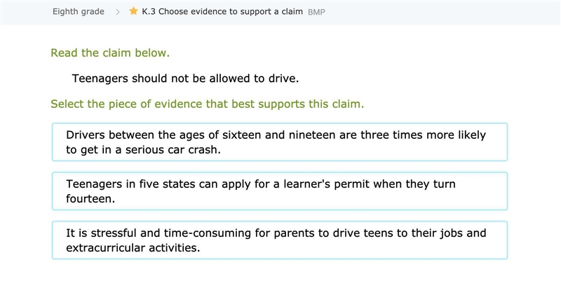 Read the claim below. Teenagers should not be allowed to drive. Select the piece of-example-1