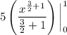 \displaystyle 5 \left( \frac{{x}^{ (3)/(2) + 1 } }{ (3)/(2) + 1} \right) \bigg| _(0) ^(1)