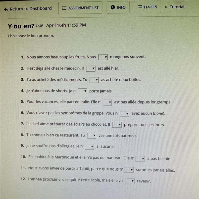 1 ATTEMPT! choisissez le bon pronom (y or en) any help appreciated:) Thank you&lt-example-1