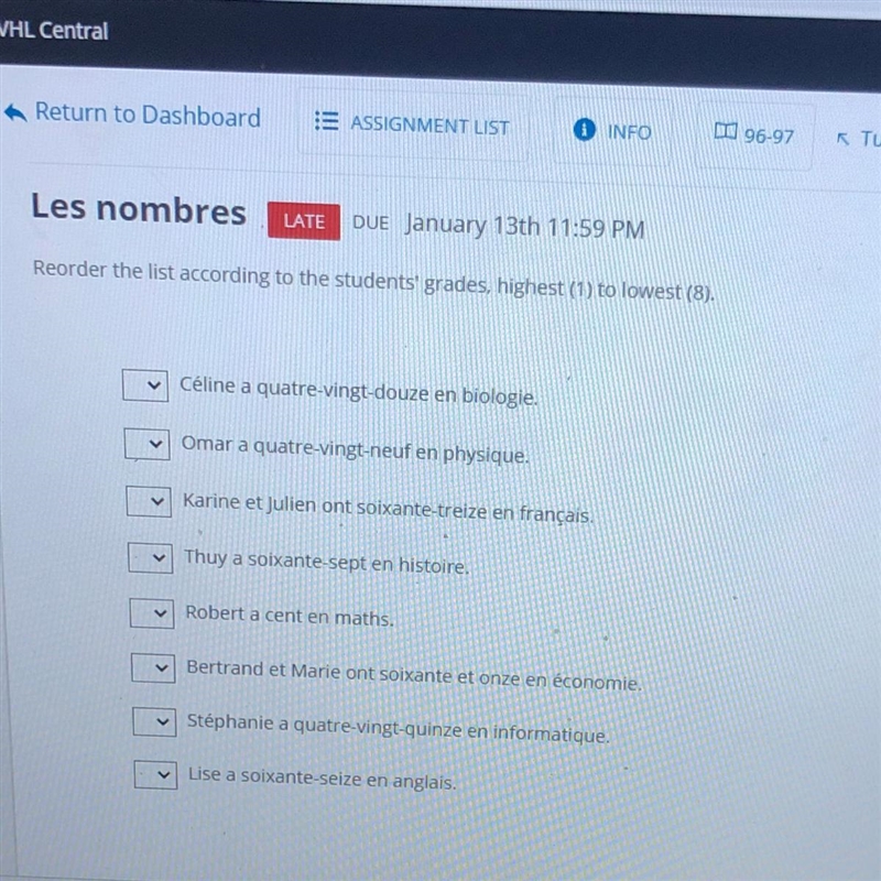 Les nombres Reorder the list according to the students' grades, highest (1) to lowest-example-1