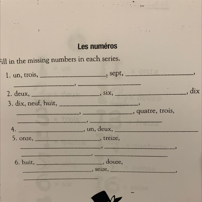 Les numéros Fill in the missing numbers in each series. sept, 1. un, trois, dix » six-example-1