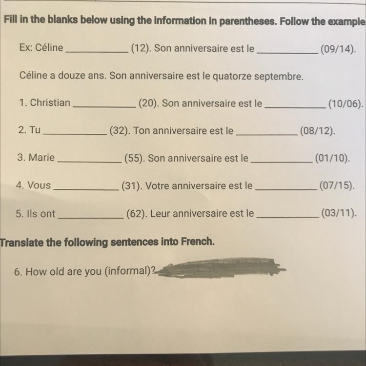 Fill in the blanks using the information in parentheses. Follow the example.-example-1