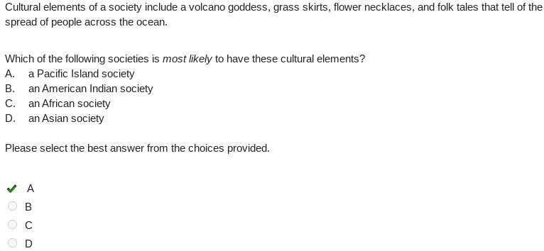 Cultural elements of a society include a volcano goddess, grass skirts, flower necklaces-example-1