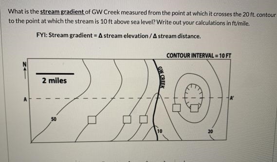 What is the stream gradient of GW Creek measured from the point at which it crosses-example-1