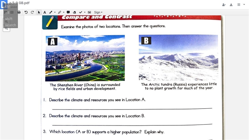 HELP!!!! describe the climate and resources you see in Location A, B.-example-1