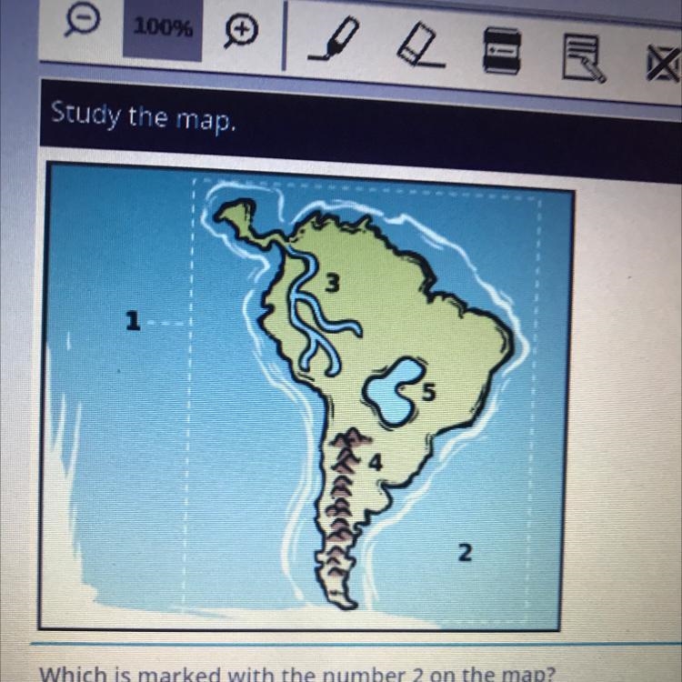 Which is marked with the number 2 on the map? D. mountain O A ocean E lake B. continent-example-1