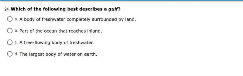 Which of the following best describes a gulf?-example-1