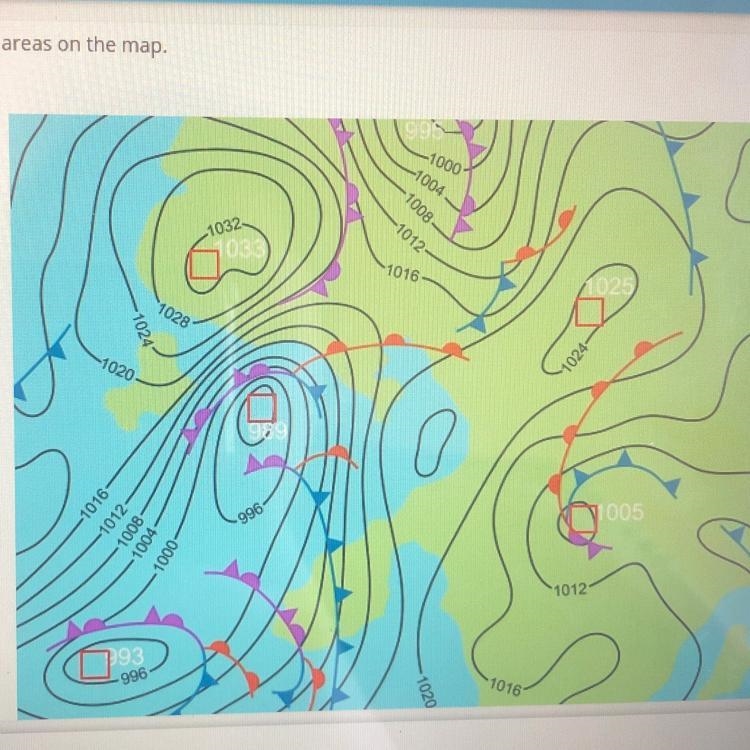 Identify the low-pressure areas on the map. 1005 1025 1033 989 993-example-1