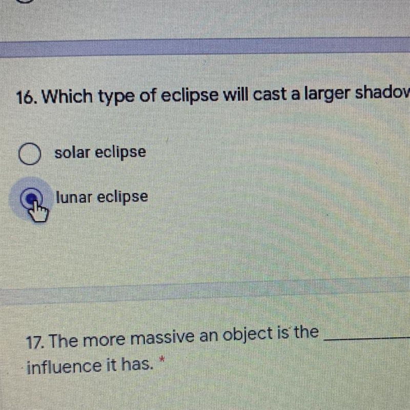 What type of eclipse will cast a larger shadow￼-example-1