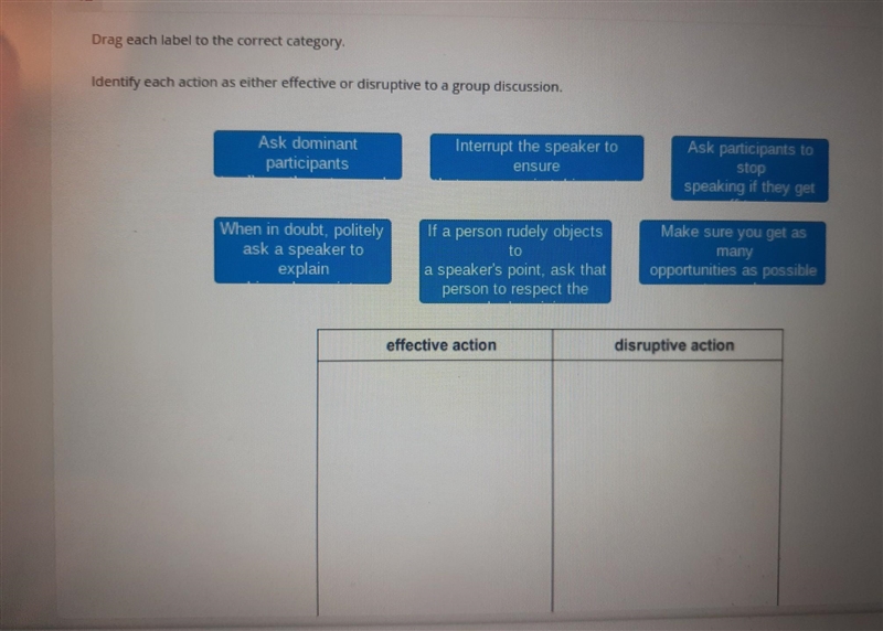 Identify each action as either effective or disruptive to a group discussion. Ask-example-1