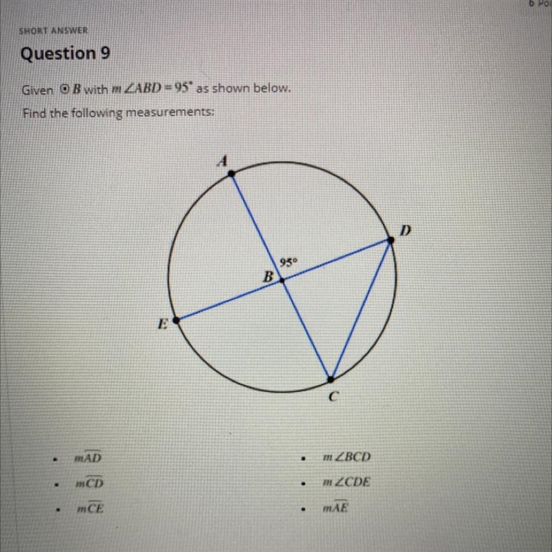 SHORT ANSWER Question 9 Given centerB with m Find the following measurements: MAD-example-1