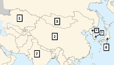 On the map above, China is located at number _____ and Japan is located at number-example-1